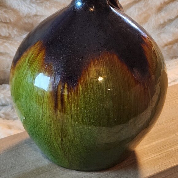 Vintage Art Deco 7.50" L x 7.50" W x 10.50" H (Green & Brown) Drip Glaze Vase - Picture 2 of 10